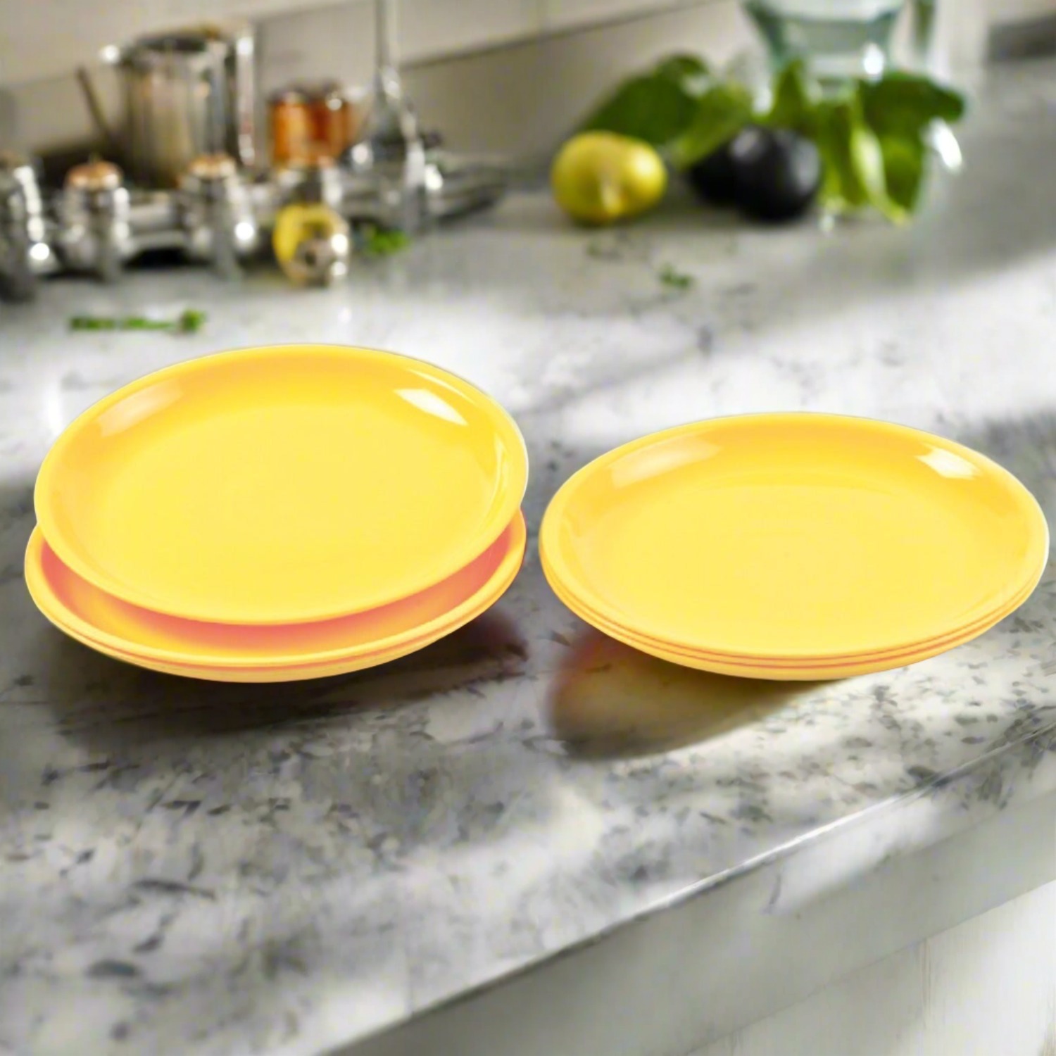 Set of round mini soup plates on a table. Set of round mini soup plates on a table.